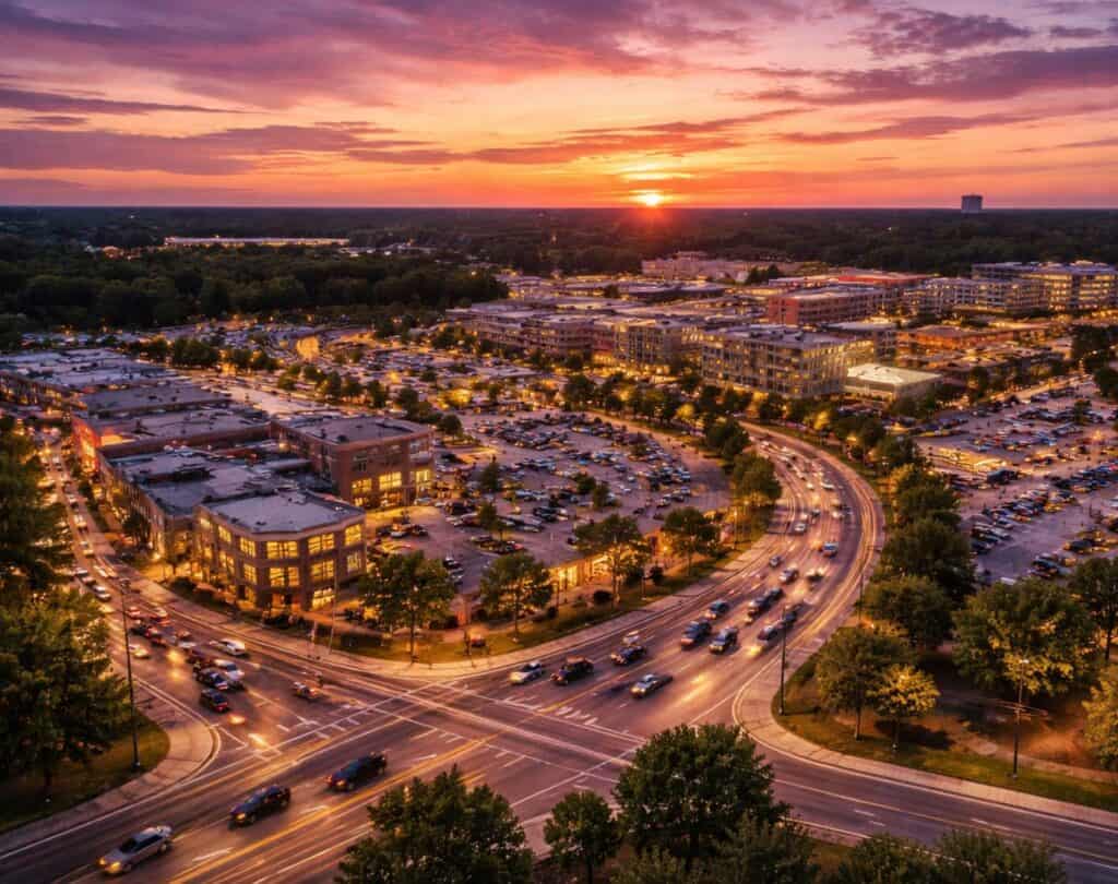 Aerial sunset view of Parole, Maryland, showing a busy commercial district with curving roads, office and retail buildings, glowing streetlights, full parking lots, and dense tree cover beneath a colorful evening sky