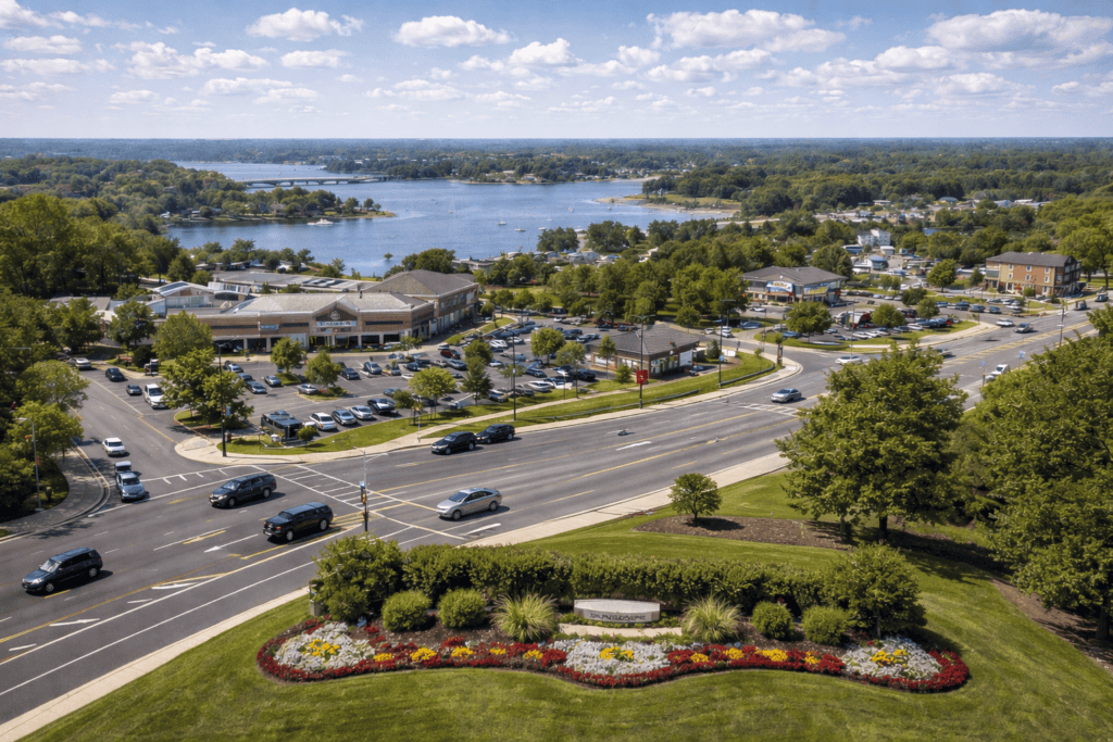 Aerial view of Edgewater, Maryland, showing a busy suburban intersection, small shopping centers, landscaped greenery, and a calm waterfront with trees and homes in the distance under a partly cloudy sky